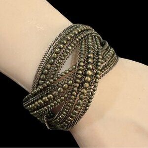 Dark Gold Metal Cuff Bracelet With Intricate Textured Layers For Women
